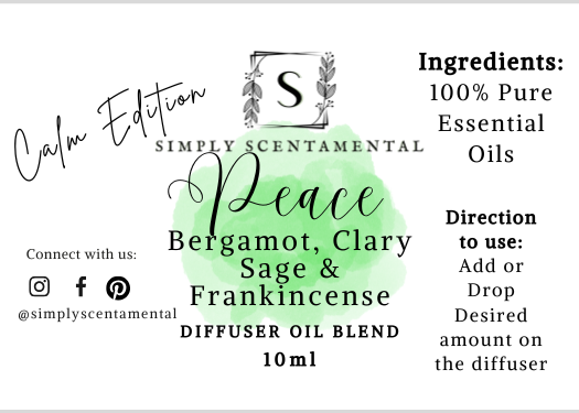 Peace Aromatherapy Diffuser Blend – 10ml, Soothing Bergamot, Clary Sage, Frankincense - Simply Scentamental LLC