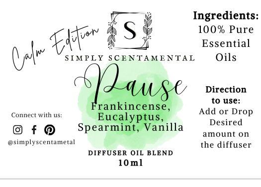Pause Aromatherapy Diffuser Blend, 10ml - Frankincense, Eucalyptus, Spearmint & Vanilla - Simply Scentamental LLC