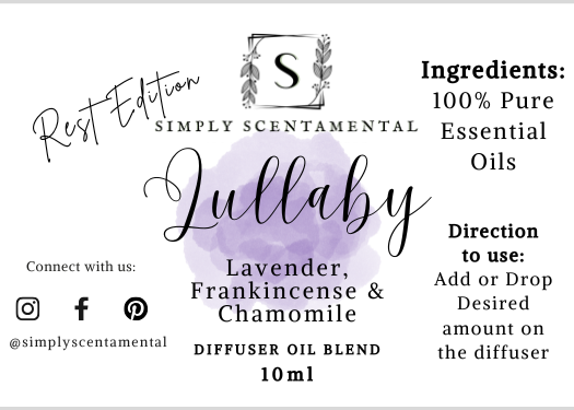 Lullaby Aromatherapy Diffuser Blend 10ml - Calming Lavender, Frankincense & Chamomile - Simply Scentamental LLC