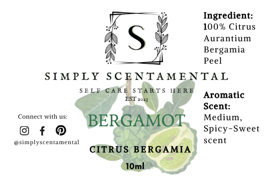 Pure Bergamot Essential Oil - 10ml 100% Natural, Uplifting Aroma for Relaxation and Wellness - Simply Scentamental LLC