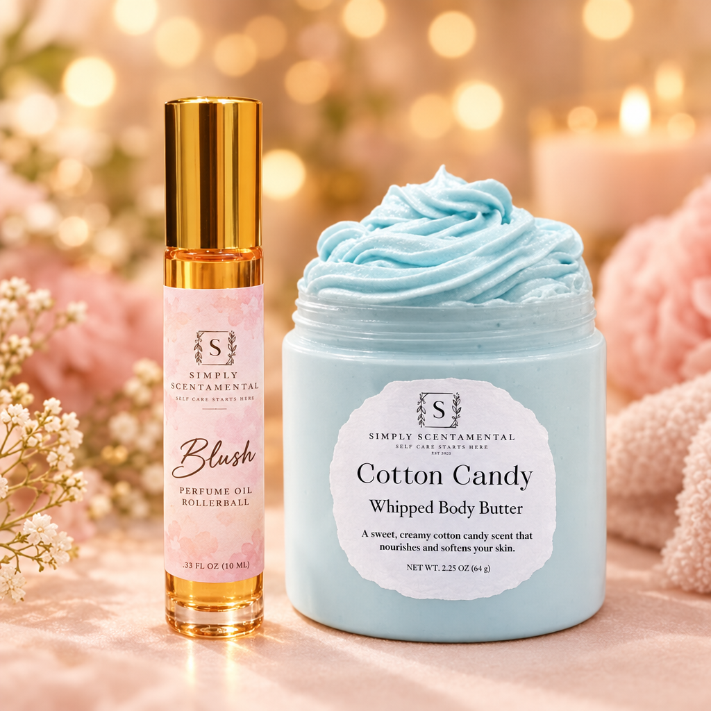 Scent & Glow Duo bundle: Blush Perfume Rollerball and Cotton Candy Whipped Body Butter together on a soft, warm background