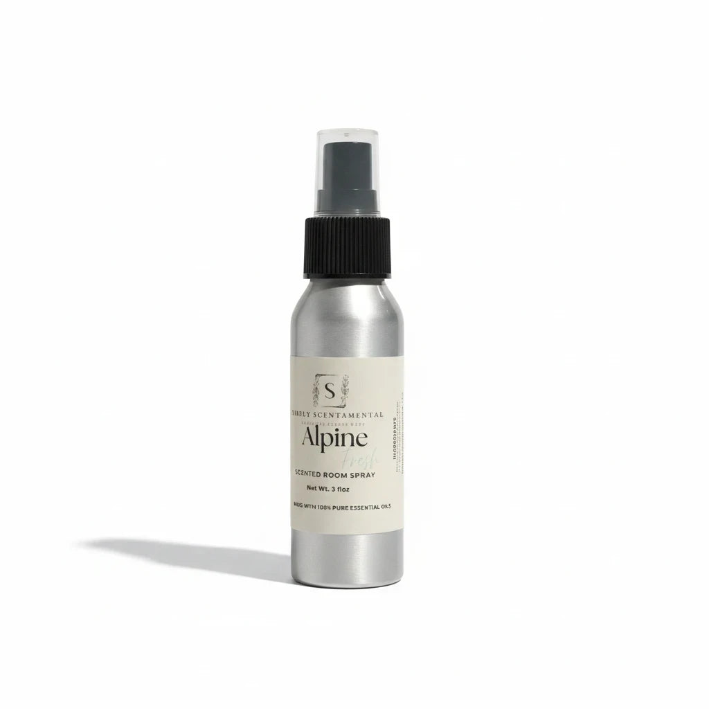 Simply Scentamental Alpine Fresh room and linen spray in a silver aluminum bottle with a black spray nozzle.