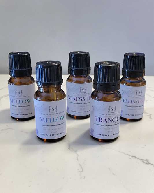 Simply Scentamental Calm & Clarity collection of five 10ml amber glass essential oil bottles for aromatherapy jewelry.