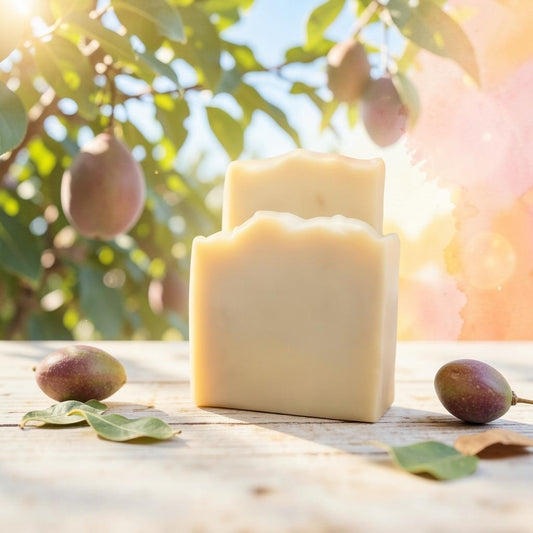 Guava Sunshine soap bars stacked on wooden surface with guava fruit and sunlight