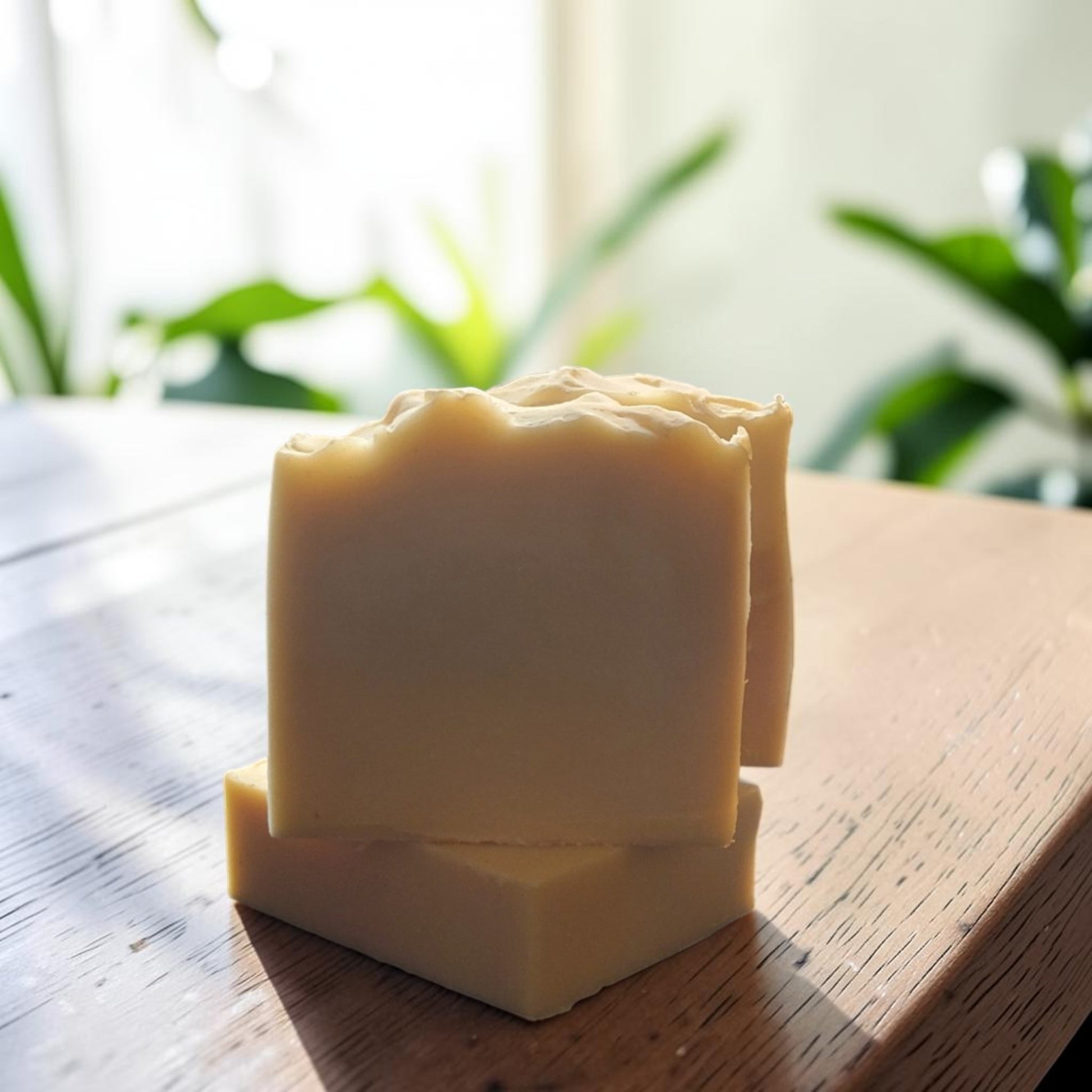 Guava Sunshine soap bars standing upright on wooden surface with tropical greenery