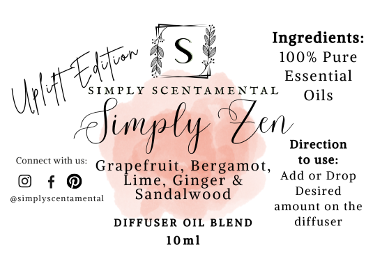 Simply Zen Aromatherapy Diffuser Blend - 10ml with Grapefruit, Bergamot, Lime, Ginger, Sandalwood - Simply Scentamental LLC