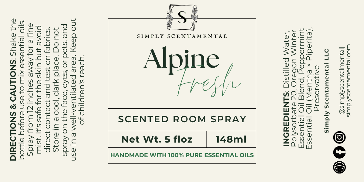 Alpine Fresh Room Spray - Invigorating Essential Oil Blend of Oregon Winter & Cool Peppermint - Simply Scentamental LLC