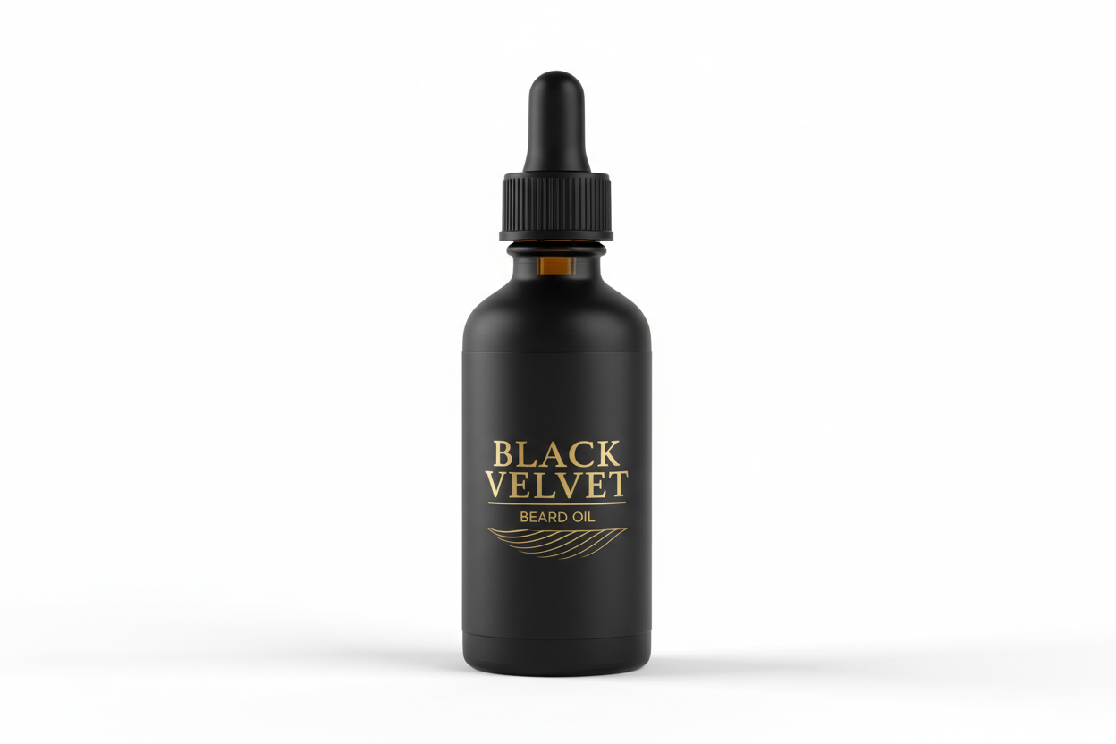 Black 4 oz dropper bottle of Beard oil, Black Velvet Beard Oil logo