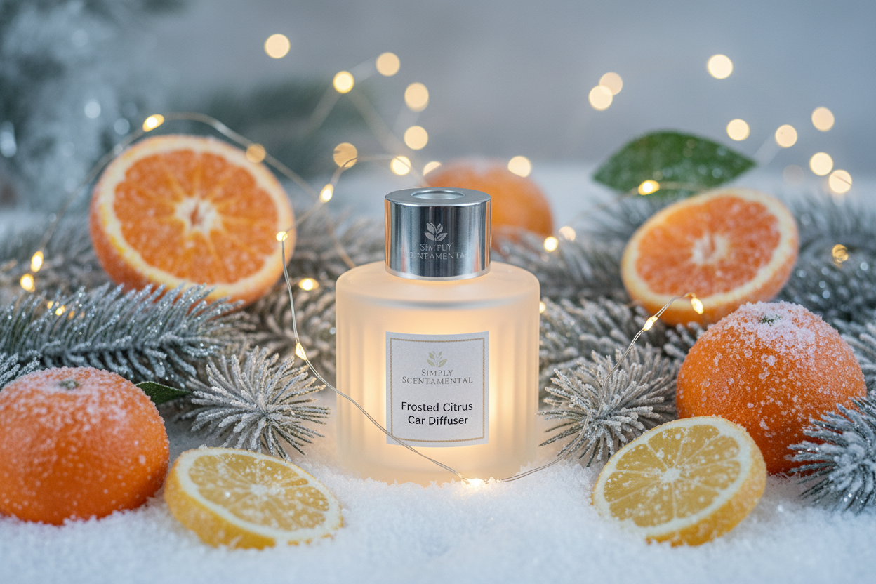 car diffuser named Frosted Citrus, with Simply Scentamental Logo, holiday themed background