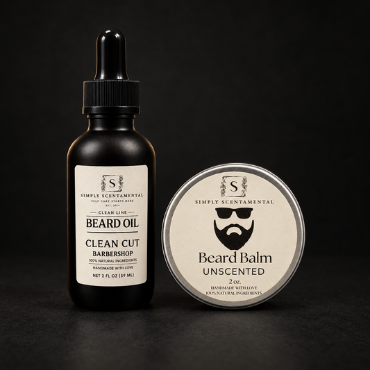 Beard Care Duo bundle: Clean Cut Beard Oil and Beard Balm together on a dark background