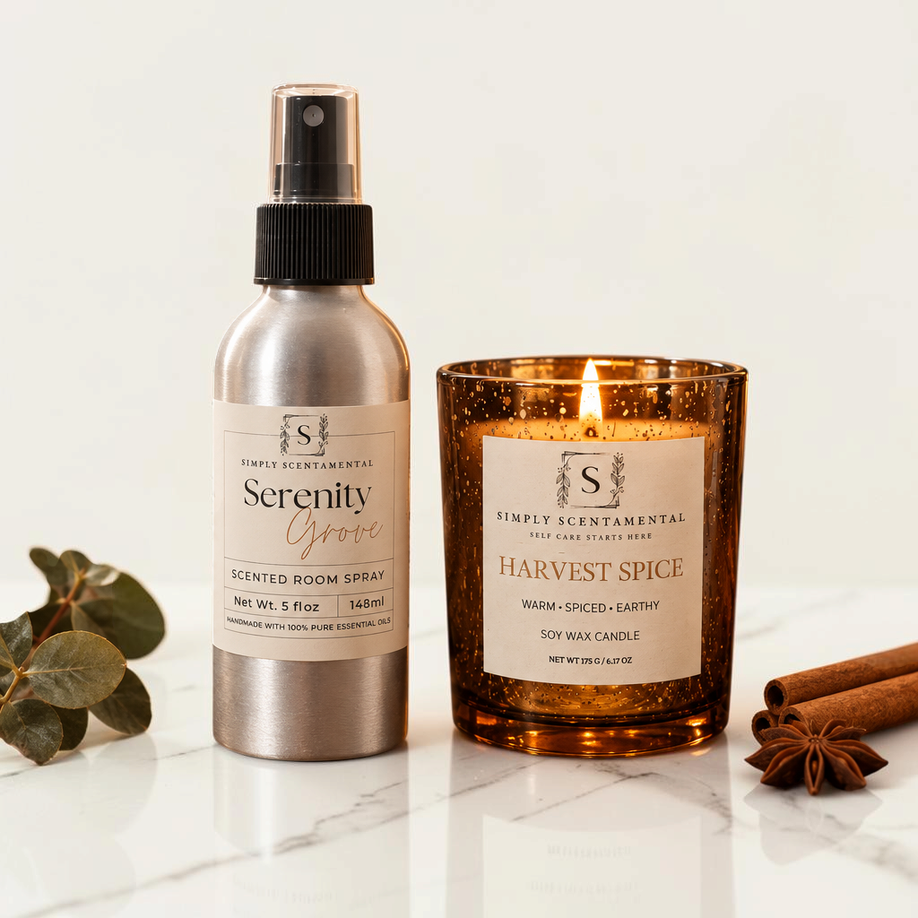 Home Scent Duo bundle: Serenity Grove Scented Room Spray and Harvest Spice Soy Wax Candle together on a cozy, warm background