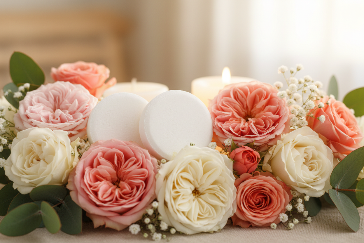 Plain white steamer tablets surrounded by roses