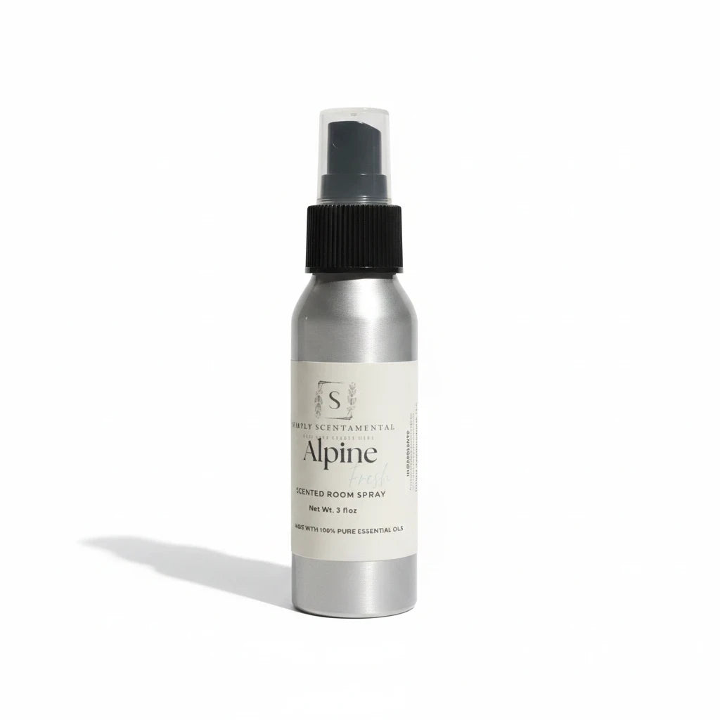Simply Scentamental Alpine Fresh room and linen spray in a silver aluminum bottle with a black spray nozzle.