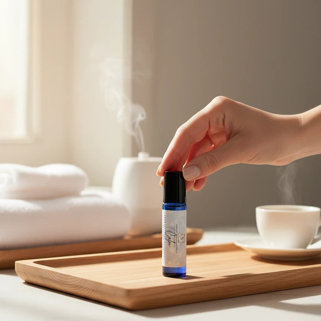 Simply Scentamental Calm aromatherapy rollerball held by a hand on a wooden tray with a steaming diffuser and cup.