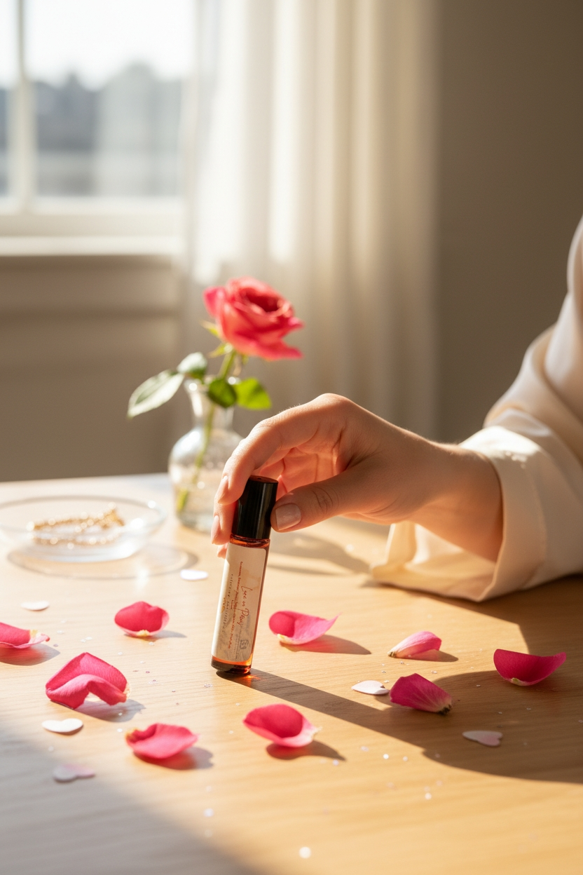 Simply Scentamental Love in Paris perfume rollerball held by a hand on a table with rose petals and a vase