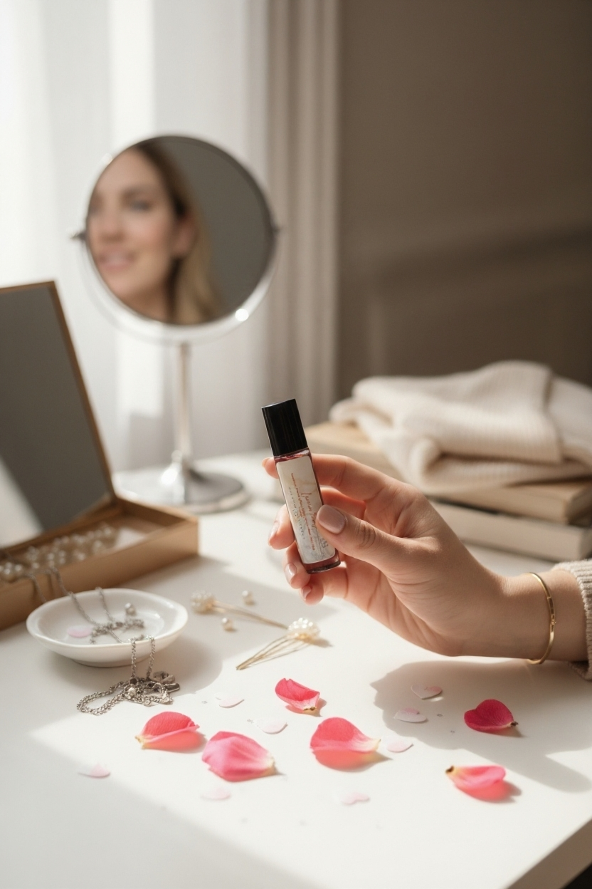 Simply Scentamental Love in Paris perfume oil rollerball held in a hand on a vanity with pink rose petals