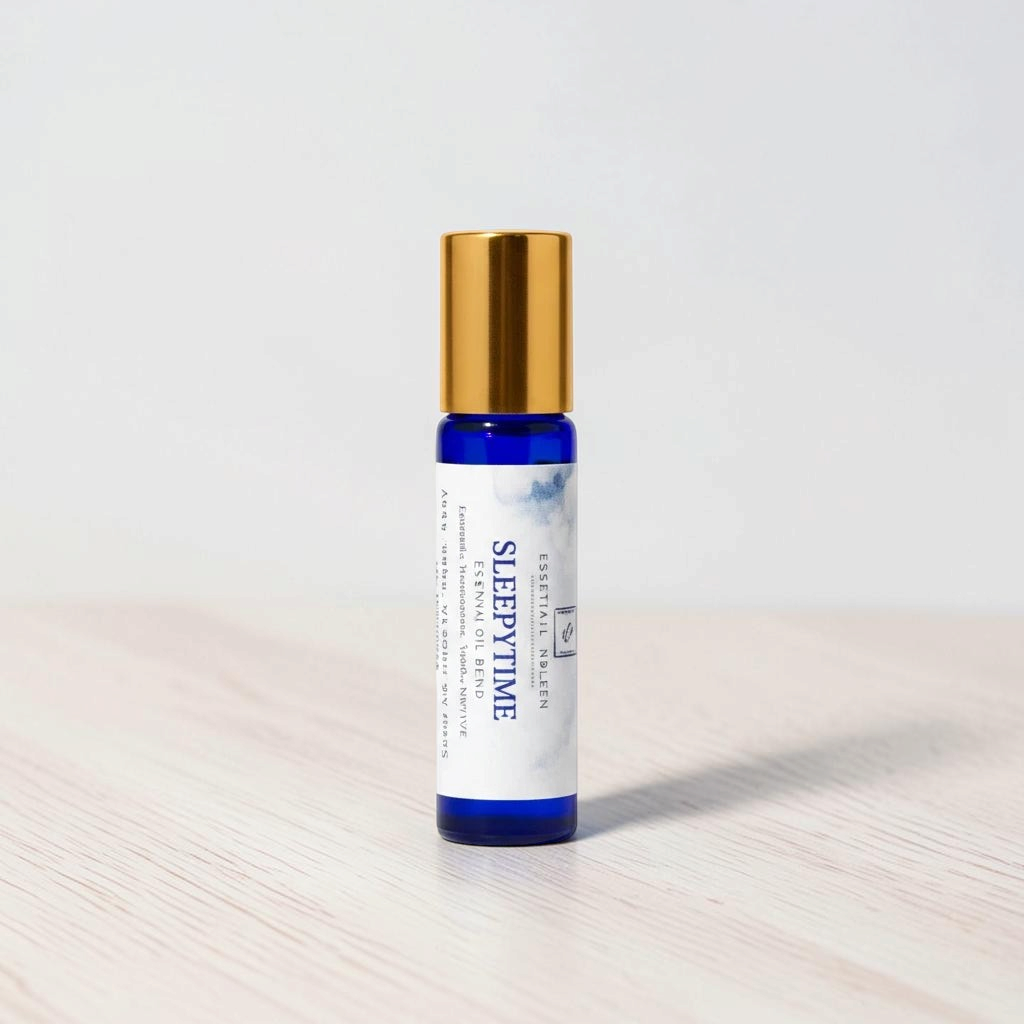 Simply Scentamental Sleepytime aromatherapy rollerball with blue glass bottle, gold cap, and calming essential oils.