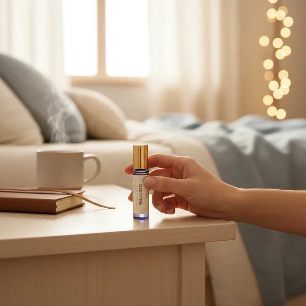 Simply Scentamental Sleepytime aromatherapy rollerball on a bedside table with a steaming mug and soft bedroom lighting.