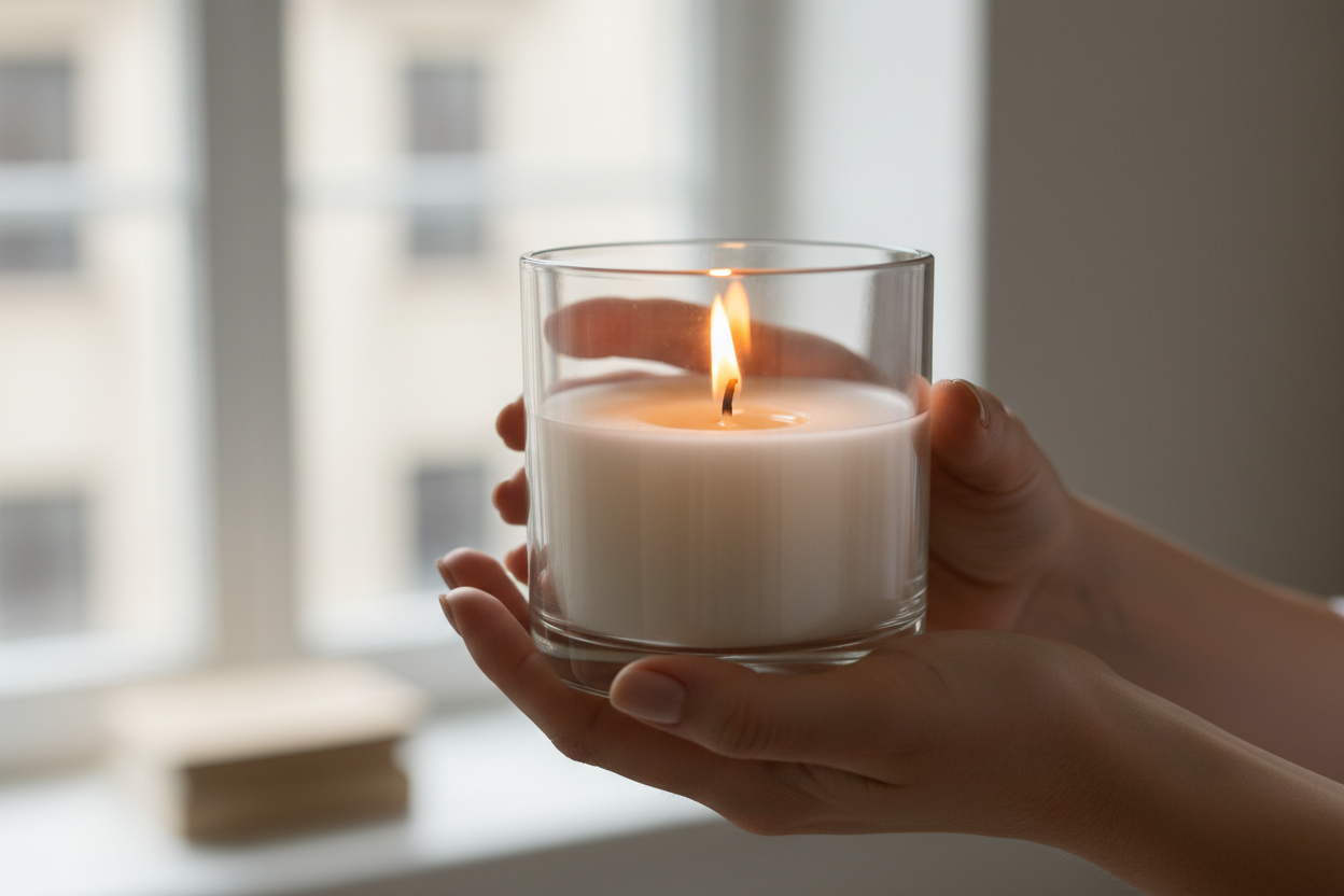 Someone holding a clear glass contained candle
