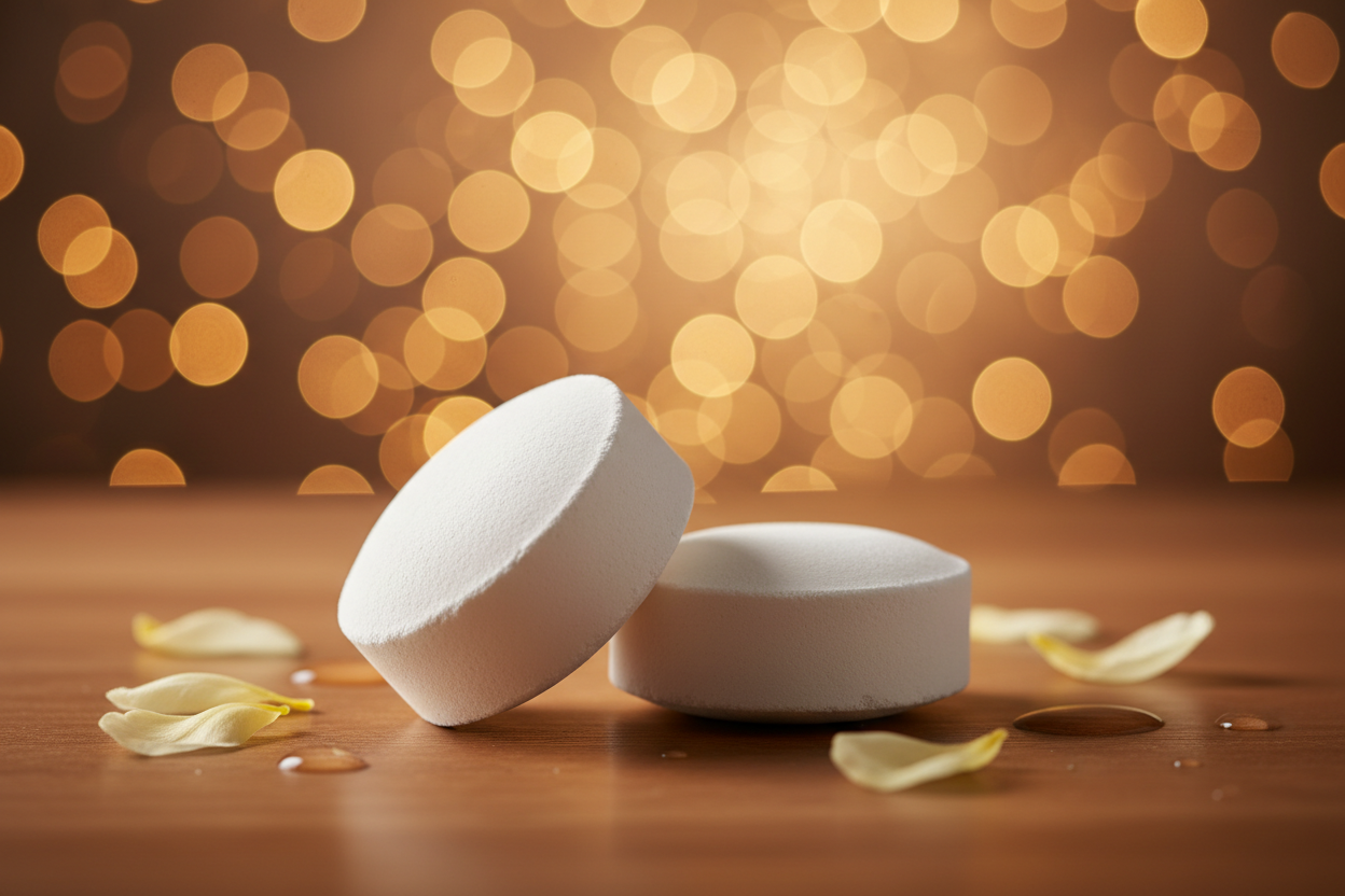 Two stacked steamer tablets with bokeh background